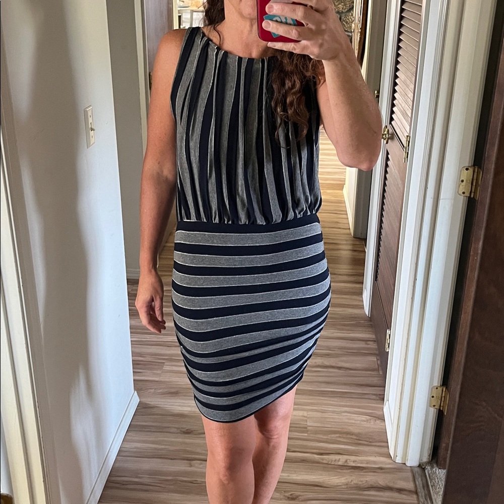 Bailey 44 Cotton Stripe Dress Sleeveless Navy Blue Grey Silver size small